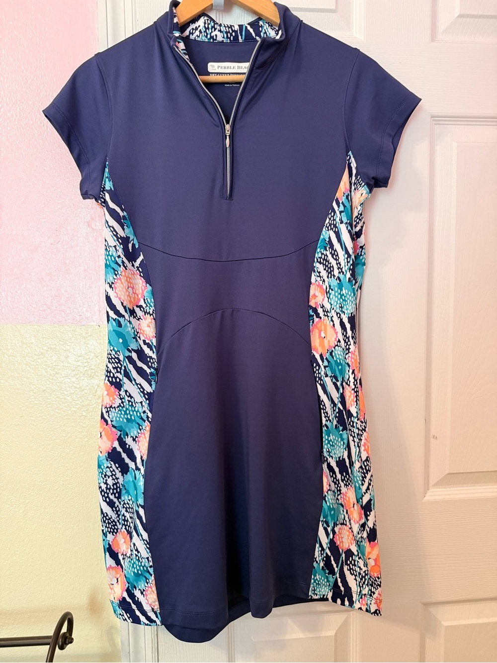 Pebble Beach Womens Dry Luxe Performance Golf Dress s M Navy Blue Floral Stretch